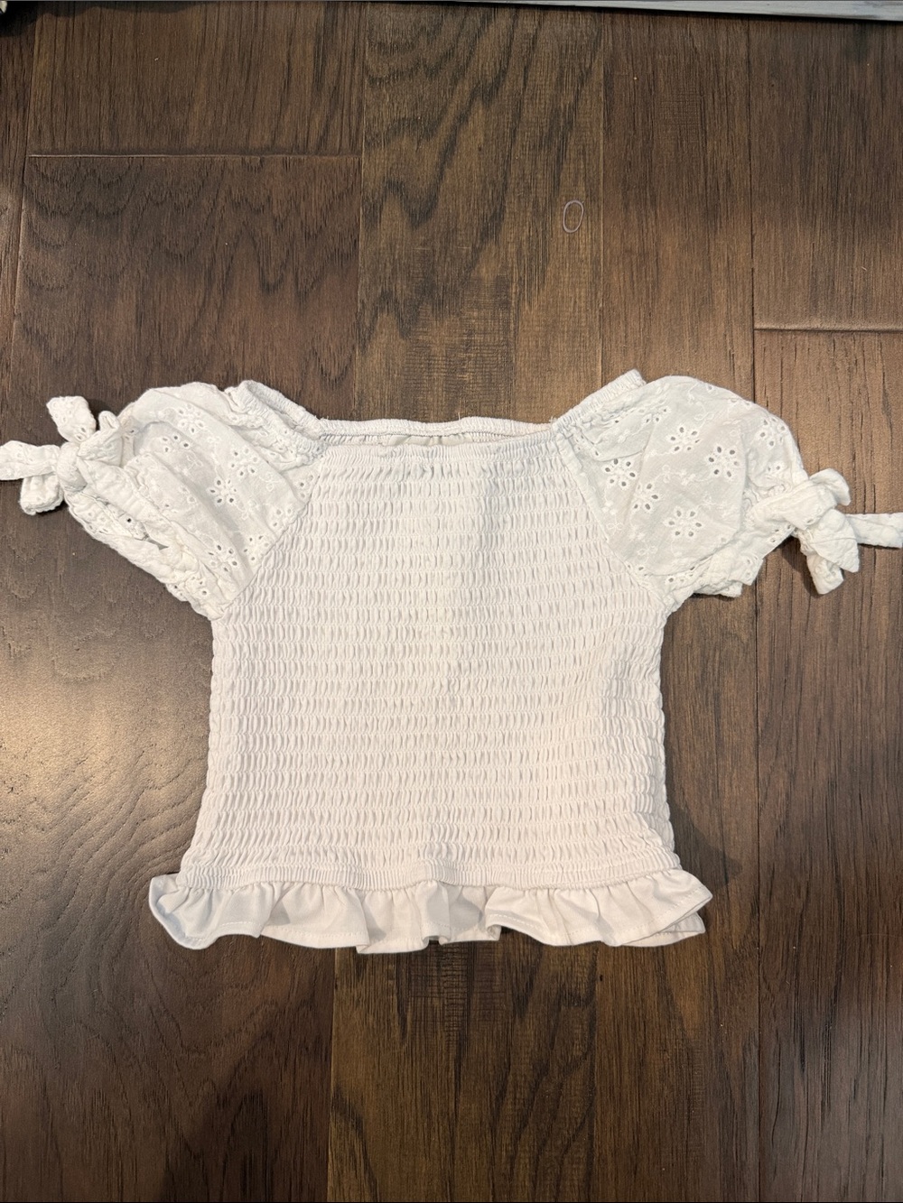 Rare Editions White Smocked Off-Shoulder Crop Top with Eyelet Tie Sleeves